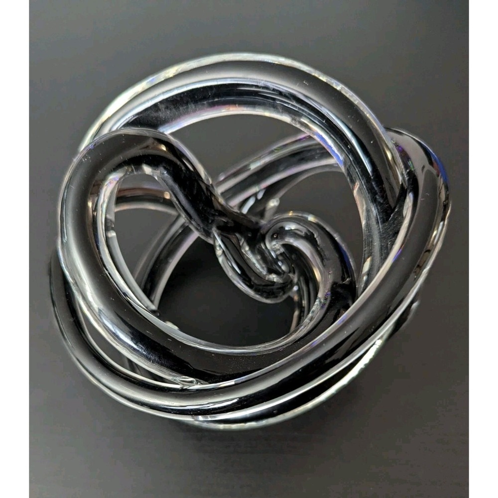 Hand Blown Art Glass Black Twisted Rope Knot Ribbed Paperweight‎ Sculpture